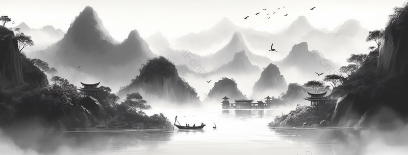 山水河流复古风意境自然景观中式风水墨画,插画/手绘图,插画/手绘图库,插画/手绘图下载,插画/手绘